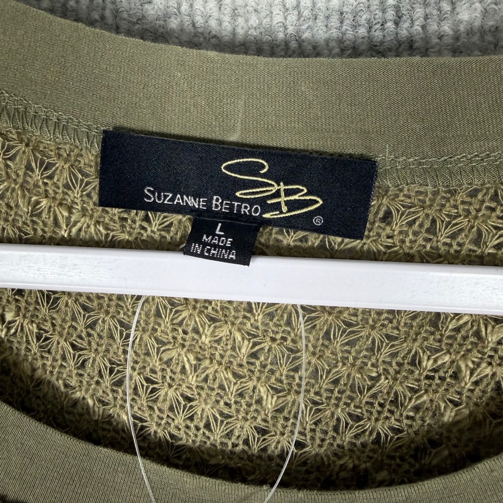 Suzanne Betro Size-L Tunic Top Olive Green Lace Trim Sharkbite Long Sleeve - Picture 3 of 10